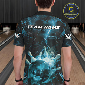 Custom Blue Thunder Lightning Bowling Team Polo Shirts For Men, Red Bowling Jerseys IPHW9582