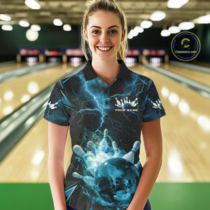 Custom Blue Thunder Lightning Bowling Team Polo Shirts For Women, Red Bowling Jerseys IPHW9582