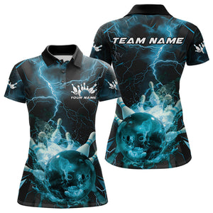 Custom Blue Thunder Lightning Bowling Team Polo Shirts For Women, Red Bowling Jerseys IPHW9582