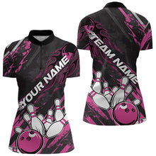 Load image into Gallery viewer, Grunge Black And Pink Custom Flame Bowling Team Womens Quarter-Zip Shirts, Bowling League IPHW8525