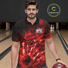 Load image into Gallery viewer, Custom Red Fire Patriotic Bowling Team Men Polo Shirt, American Flag Flame Bowling Jersey IPHW11107