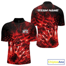 Load image into Gallery viewer, Custom Red Fire Patriotic Bowling Team Men Quarter-Zip Shirt, American Flag Flame Bowling Jersey IPHW11107