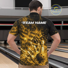 Load image into Gallery viewer, Custom Yellow Fire Patriotic Bowling Men Quarter-Zip Shirt, American Flag Flame Bowling Jersey IPHW11108