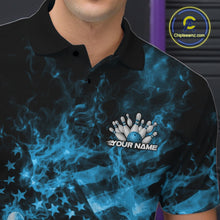 Load image into Gallery viewer, Custom Blue Fire Patriotic Bowling Men Polo Shirt, American Flag Flame Bowling Jersey IPHW11109