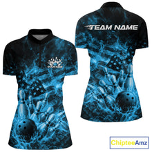 Load image into Gallery viewer, Custom Blue Fire Patriotic Bowling Women Shirt, American Flag Flame Bowling Jersey IPHW11109