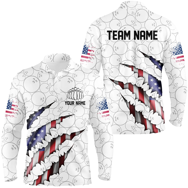 Custom Patriotic Long Sleeve Bowling Shirts For Men, American Flag Usa Bowling League Shirts IPHW5523