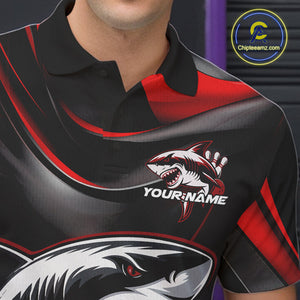 Custom Black And Red Shark Bowling Team Polo Shirts For Men, Bowling League Shirt IPHW9002