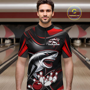 Custom Black And Red Shark Bowling Team Quarter-Zip Shirts For Men, Bowling League Shirt IPHW9002