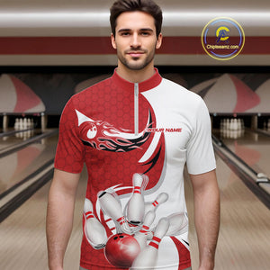 Custom White And Red Bowling Quarter-Zip Shirts For Men, Flame Bowling Team Shirt IPHW9240