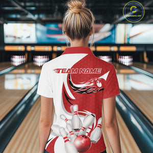 Custom White And Red Bowling Quarter-Zip Shirts For Women, Flame Bowling Team Shirt IPHW9240