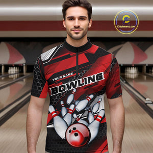 Custom Black And Red Hexagon Pattern Bowling Quarter-Zip Shirts For Men, Bowling Team Uniform IPHW9420