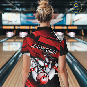 Custom Black And Red Hexagon Pattern Bowling Women Quarter-Zip Shirts, Team Uniform IPHW9420