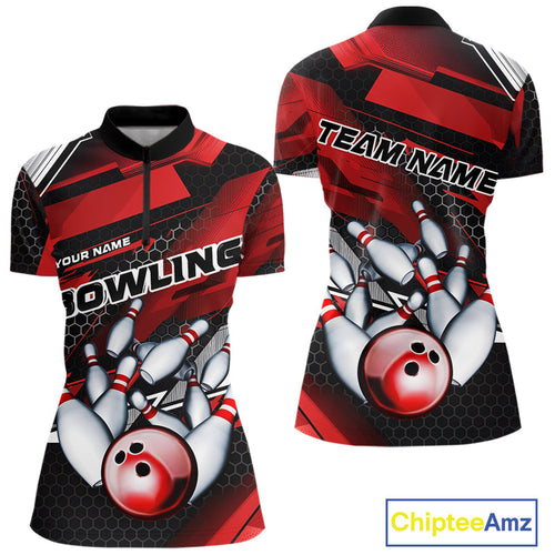 Custom Black And Red Hexagon Pattern Bowling Women Quarter-Zip Shirts, Team Uniform IPHW9420