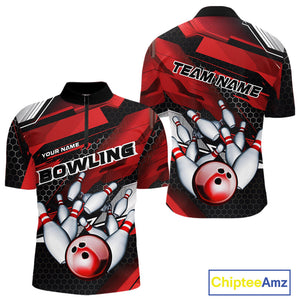 Custom Black And Red Hexagon Pattern Bowling Quarter-Zip Shirts For Men, Bowling Team Uniform IPHW9420