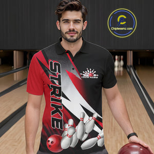 Custom Black And Red Strike Bowling Polo Shirts For Men, Bowling Team Uniform IPHW9423