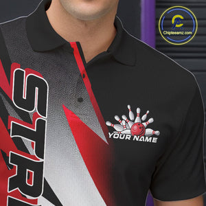 Custom Black And Red Strike Bowling Polo Shirts For Men, Bowling Team Uniform IPHW9423