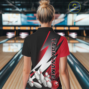 Custom Black And Red Strike Bowling Polo Shirts For Women, Bowling Team Uniform IPHW9423