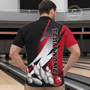Custom Black And Red Strike Bowling Quarter-Zip Shirts For Men, Bowling Team Uniform IPHW9423