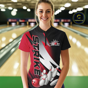 Custom Black And Red Strike Bowling Women Quarter-Zip Shirts, Bowling Team Uniform IPHW9423