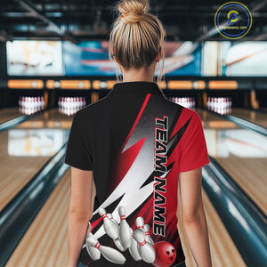 Custom Black And Red Strike Bowling Women Quarter-Zip Shirts, Bowling Team Uniform IPHW9423