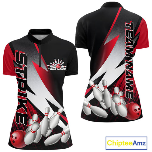 Custom Black And Red Strike Bowling Women Quarter-Zip Shirts, Bowling Team Uniform IPHW9423