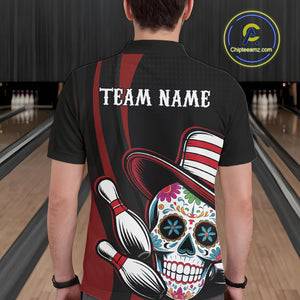 Custom Black And Red Sugar Skull Bowling Team Polo Shirts For Men, Bowling League Shirt IPHW9256