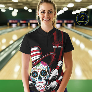Custom Black And Red Sugar Skull Bowling Women Quarter-Zip Shirt, Bowling League Shirt IPHW9256