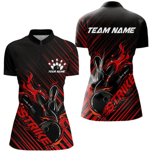 Custom Black And Red Flame Ladies Bowling Shirts, Strike Bowling Team Shirts Outfit Bowling IPHW7319