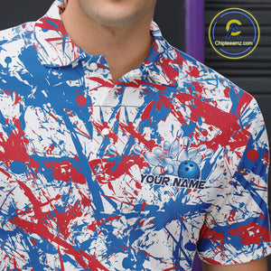 Custom Red, White And Blue Splatter Patriotic Bowling Polo Team Shirts For Men IPHW9263