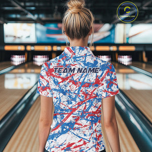 Custom Red, White And Blue Splatter Patriotic Bowling Polo Team Shirts For Women IPHW9263