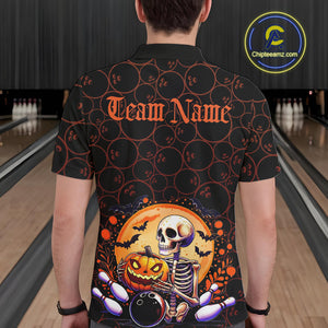 Custom Funny Skeleton Bowling Polo Shirts For Men, Halloween Bowling Team Outfit IPHW9604