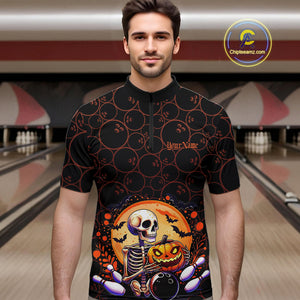 Custom Funny Skeleton Bowling Quarter-Zip Shirts For Men, Halloween Bowling Team Outfit IPHW9604