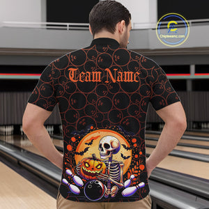 Custom Funny Skeleton Bowling Quarter-Zip Shirts For Men, Halloween Bowling Team Outfit IPHW9604