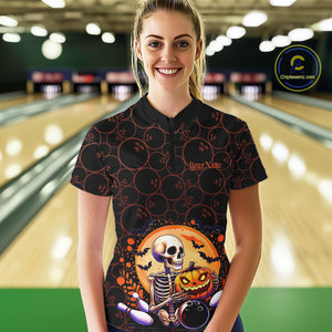 Custom Funny Skeleton Bowling Quarter-Zip Shirts For Women, Halloween Bowling Team Outfit IPHW9604