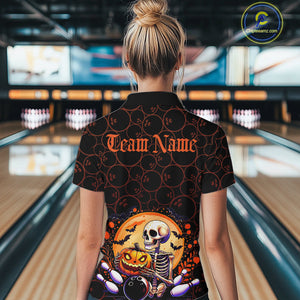 Custom Funny Skeleton Bowling Quarter-Zip Shirts For Women, Halloween Bowling Team Outfit IPHW9604