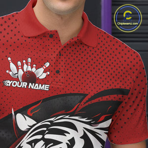 Custom Black And Red Tiger Bowling Team Polo Shirts For Men, Bowling League Shirt IPHW9019