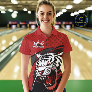 Custom Black And Red Tiger Bowling Team Polo Shirts For Women, Bowling League Shirt IPHW9019