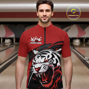 Custom Black And Red Tiger Bowling Team Quarter-Zip Shirts For Men, Bowling League Shirt IPHW9019