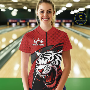 Custom Black And Red Tiger Bowling Team Quarter-Zip Shirt For Women, Bowling League Shirt IPHW9019