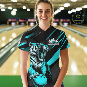Personalized Tiger Bowling Team Women Quarter-Zip Shirts, Blue Tiger Bowling Jerseys IPHW9023