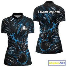 Load image into Gallery viewer, Custom Black And Blue Patriotic Flame Bowling Jerseys, US Flag Bowling Shirt For Women IPHW11172