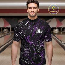 Load image into Gallery viewer, Custom Black And Purple Patriotic Flame Bowling Jerseys, US Flag Bowling Shirt For Men IPHW11173
