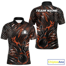 Load image into Gallery viewer, Custom Black And Orange Patriotic Flame Bowling Jerseys, US Flag Bowling Shirt For Men IPHW11174