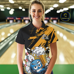 Custom Funny Cool Bowling Ball Bowling And Beer Women Polo Shirts, Grunge Bowling Uniform IPHW9611