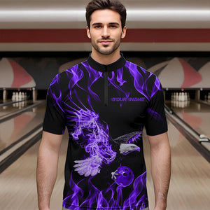 Custom Black And Purple Flame Eagle Bowling Team Men Quarter-Zip Shirts, Eagle Bowling League Shirt IPHW8790