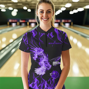 Custom Black And Purple Flame Eagle Bowling Women Quarter-Zip Shirts, Bowling League Shirt IPHW8790