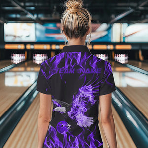 Custom Black And Purple Flame Eagle Bowling Women Quarter-Zip Shirts, Bowling League Shirt IPHW8790