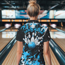 Load image into Gallery viewer, Black, Blue And White Custom Bowling Team Women Polo Shirts, Bowling Ball And Pin Jerseys IPHW8794