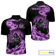Load image into Gallery viewer, Custom Purple Flame Grim Reaper Dart Men Quarter-Zip Shirts, Dart Team Halloween Outfits IPHW9981