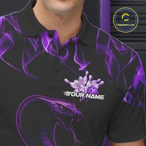 Custom Black And Purple Flame Cobra Snake Bowling Men Polo Shirts, Bowling League Shirt IPHW9041
